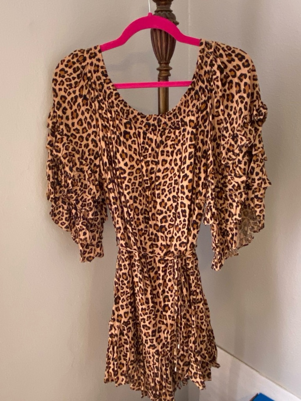 Leopard Print Ruffle Sleeve Women’s Dress - Tan/Black